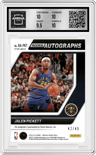 Jalen Pickett from the 2023-24 Panini Mosaic set featuring a Blue Prizm parallel graded by Arena Club and given an overall grade of 10.