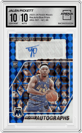 Jalen Pickett from the 2023-24 Panini Mosaic set featuring a Blue Prizm parallel graded by Arena Club and given an overall grade of 10.