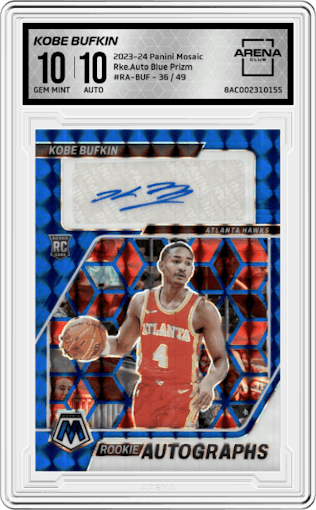 Kobe Bufkin from the 2023-24 Panini Mosaic set featuring a Blue Prizm parallel graded by Arena Club and given an overall grade of 10.