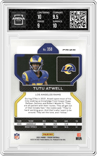 Tutu Atwell from the 2021 Panini Prizm set featuring a  Neon Green Pulsar parallel graded by Arena Club and given an overall grade of 9.5.