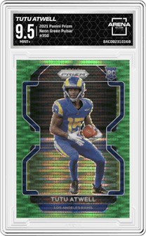Tutu Atwell from the 2021 Panini Prizm set featuring a  Neon Green Pulsar parallel graded by Arena Club and given an overall grade of 9.5.