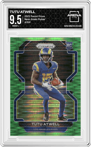 Tutu Atwell from the 2021 Panini Prizm set featuring a  Neon Green Pulsar parallel graded by Arena Club and given an overall grade of 9.5.