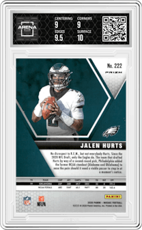 Jalen Hurts from the 2020 Panini Mosaic set featuring a Pink Camo parallel graded by Arena Club and given an overall grade of 9.5.