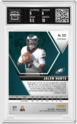 Jalen Hurts from the 2020 Panini Mosaic set featuring a Pink Camo parallel graded by Arena Club and given an overall grade of 9.5.