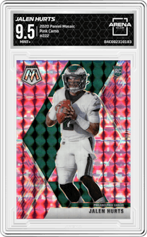 Jalen Hurts from the 2020 Panini Mosaic set featuring a Pink Camo parallel graded by Arena Club and given an overall grade of 9.5.