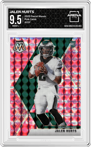 Jalen Hurts from the 2020 Panini Mosaic set featuring a Pink Camo parallel graded by Arena Club and given an overall grade of 9.5.