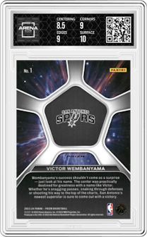 Victor Wembanyama from the 2023-24 Panini Prizm set featuring a Silver Prizm parallel graded by Arena Club and given an overall grade of 9.