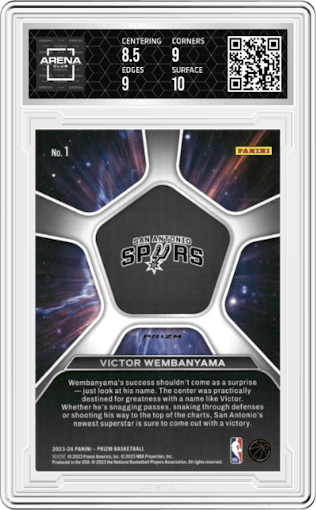 Victor Wembanyama from the 2023-24 Panini Prizm set featuring a Silver Prizm parallel graded by Arena Club and given an overall grade of 9.