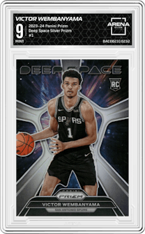 Victor Wembanyama from the 2023-24 Panini Prizm set featuring a Silver Prizm parallel graded by Arena Club and given an overall grade of 9.