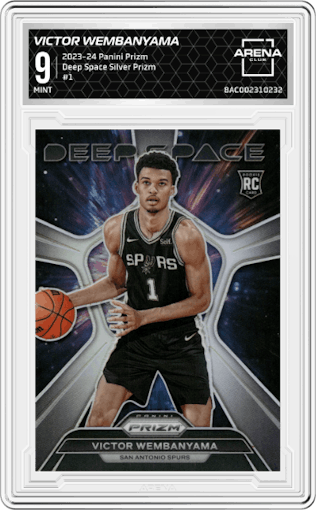 Victor Wembanyama from the 2023-24 Panini Prizm set featuring a Silver Prizm parallel graded by Arena Club and given an overall grade of 9.