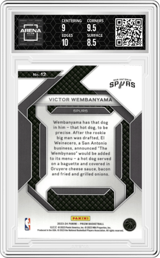 Victor Wembanyama from the 2023-24 Panini Prizm set graded by Arena Club and given an overall grade of 9.