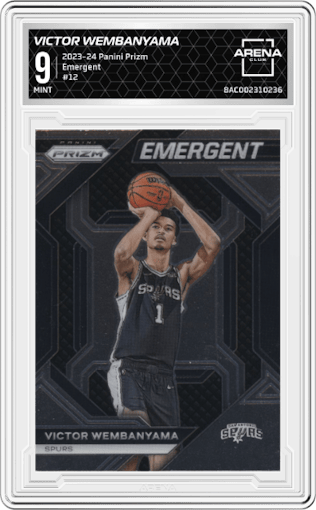 Victor Wembanyama from the 2023-24 Panini Prizm set graded by Arena Club and given an overall grade of 9.