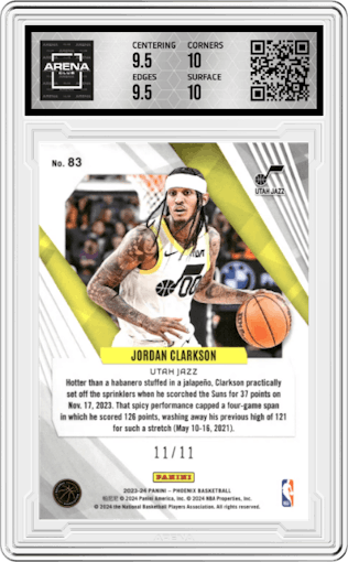 Jordan Clarkson from the 2023-24 Panini Phoenix set featuring a Red Pandora FOTL parallel graded by Arena Club and given an overall grade of 10.