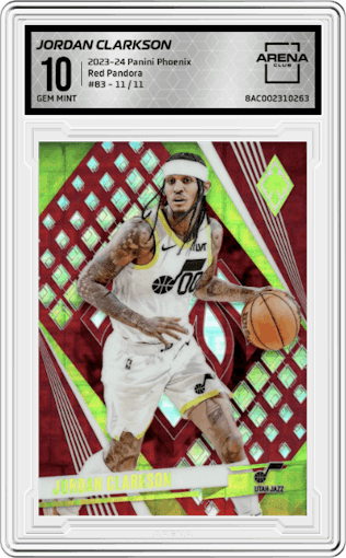 Jordan Clarkson from the 2023-24 Panini Phoenix set featuring a Red Pandora FOTL parallel graded by Arena Club and given an overall grade of 10.