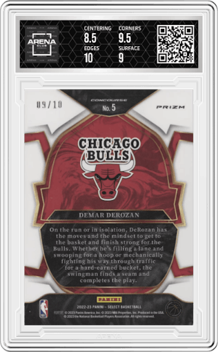 Demar DeRozan from the 2022-23 Panini Select set featuring a Gold Wave parallel graded by Arena Club and given an overall grade of 9.