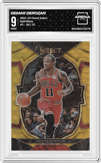 Demar DeRozan from the 2022-23 Panini Select set featuring a Gold Wave parallel graded by Arena Club and given an overall grade of 9.