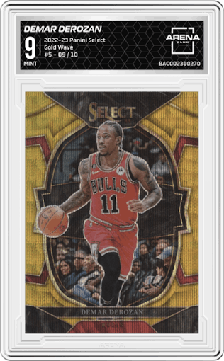 Demar DeRozan from the 2022-23 Panini Select set featuring a Gold Wave parallel graded by Arena Club and given an overall grade of 9.