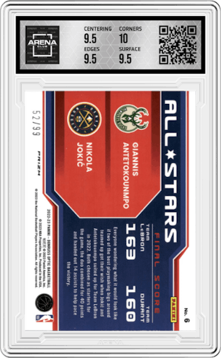 Giannis Antetokounmpo/Nikola Jokic from the 2022-23 Panini Donruss Optic  set featuring a Red/Gold Wave parallel graded by Arena Club and given an overall grade of 10.