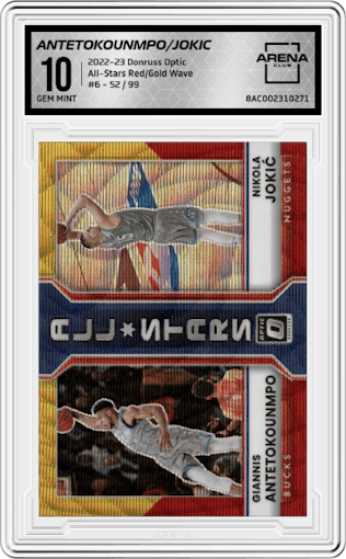 Giannis Antetokounmpo/Nikola Jokic from the 2022-23 Panini Donruss Optic  set featuring a Red/Gold Wave parallel graded by Arena Club and given an overall grade of 10.