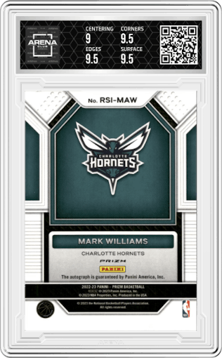 Mark Williams from the 2022-23 Panini Prizm  set featuring a Blue Wave parallel graded by Arena Club and given an overall grade of 9.5.