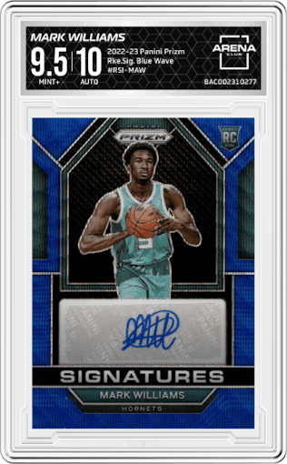 Mark Williams from the 2022-23 Panini Prizm  set featuring a Blue Wave parallel graded by Arena Club and given an overall grade of 9.5.
