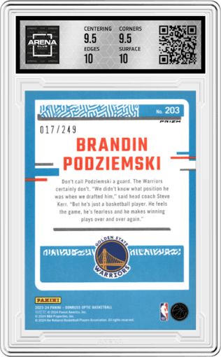 Brandin Podziemski from the 2023-24 Donruss Optic set featuring a Premium Box Set parallel graded by Arena Club and given an overall grade of 10.
