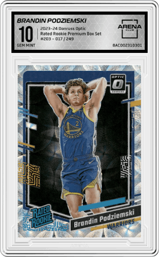 Brandin Podziemski from the 2023-24 Donruss Optic set featuring a Premium Box Set parallel graded by Arena Club and given an overall grade of 10.