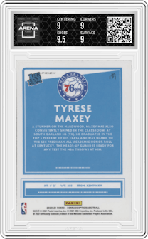 Tyrese Maxey from the 2020-21 Panini Donruss Optic set featuring a Purple parallel graded by Arena Club and given an overall grade of 9.
