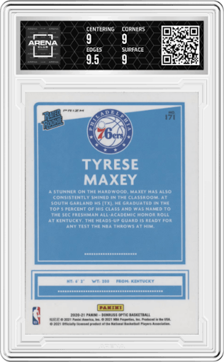 Tyrese Maxey from the 2020-21 Panini Donruss Optic set featuring a Purple parallel graded by Arena Club and given an overall grade of 9.