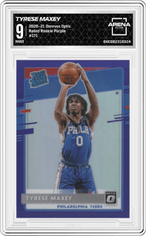 Tyrese Maxey from the 2020-21 Panini Donruss Optic set featuring a Purple parallel graded by Arena Club and given an overall grade of 9.