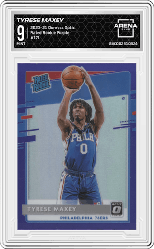 Tyrese Maxey from the 2020-21 Panini Donruss Optic set featuring a Purple parallel graded by Arena Club and given an overall grade of 9.