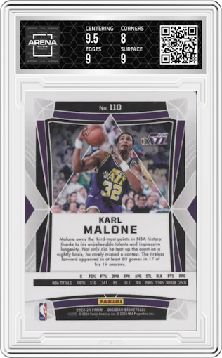 Karl Malone from the 2023-24 Panini Obsidian set featuring a Electric Etch Neon Flood parallel graded by Arena Club and given an overall grade of 8.5.