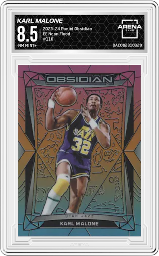 Karl Malone from the 2023-24 Panini Obsidian set featuring a Electric Etch Neon Flood parallel graded by Arena Club and given an overall grade of 8.5.
