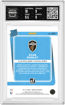 Evan Mobley from the 2021-22 Panini Donruss set featuring a Orange Holo Laser parallel graded by Arena Club and given an overall grade of 9.5.