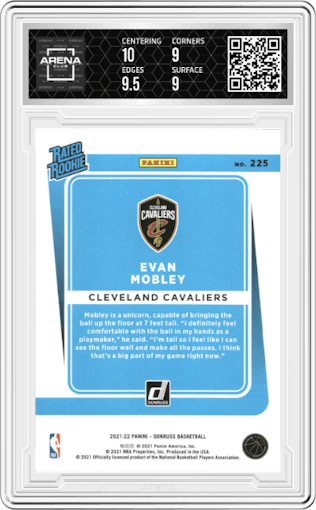 Evan Mobley from the 2021-22 Panini Donruss set featuring a Orange Holo Laser parallel graded by Arena Club and given an overall grade of 9.5.