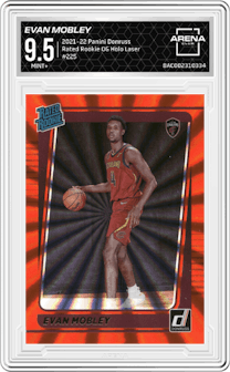 Evan Mobley from the 2021-22 Panini Donruss set featuring a Orange Holo Laser parallel graded by Arena Club and given an overall grade of 9.5.