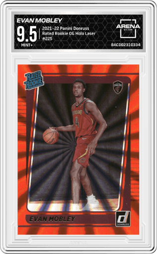 Evan Mobley from the 2021-22 Panini Donruss set featuring a Orange Holo Laser parallel graded by Arena Club and given an overall grade of 9.5.