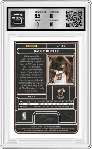 Jimmy Butler from the 2022-23 Panini One and One set graded by Arena Club and given an overall grade of 10.