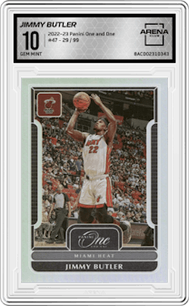 Jimmy Butler from the 2022-23 Panini One and One set graded by Arena Club and given an overall grade of 10.