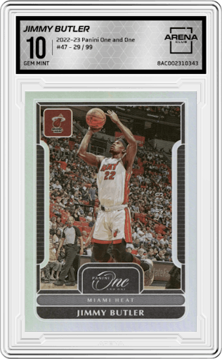 Jimmy Butler from the 2022-23 Panini One and One set graded by Arena Club and given an overall grade of 10.