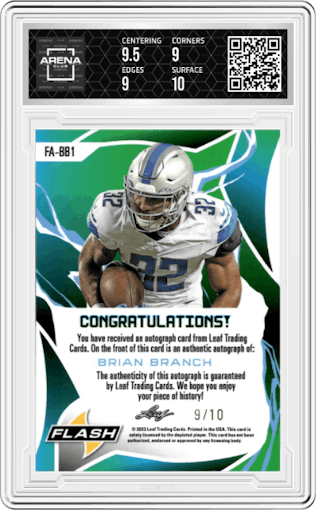 Brian Branch from the 2023 Leaf Eclectic set featuring a Metalized Sparkles Silver parallel graded by Arena Club and given an overall grade of 9.5.