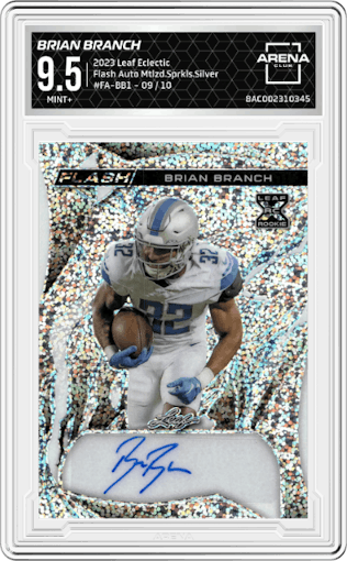 Brian Branch from the 2023 Leaf Eclectic set featuring a Metalized Sparkles Silver parallel graded by Arena Club and given an overall grade of 9.5.