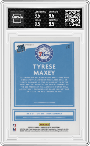 Tyrese Maxey from the 2020-21 Panini Donruss Optic set featuring a Purple parallel graded by Arena Club and given an overall grade of 9.5.
