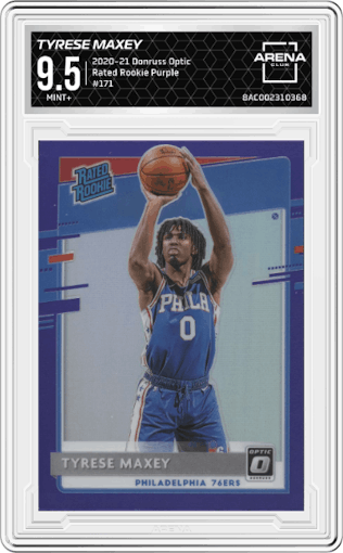 Tyrese Maxey from the 2020-21 Panini Donruss Optic set featuring a Purple parallel graded by Arena Club and given an overall grade of 9.5.