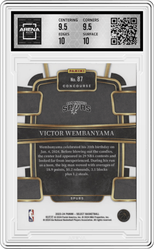Victor Wembanyama from the 2023-24 Panini Select  set featuring a Blue Retail parallel graded by Arena Club and given an overall grade of 10.