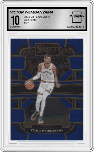 Victor Wembanyama from the 2023-24 Panini Select  set featuring a Blue Retail parallel graded by Arena Club and given an overall grade of 10.