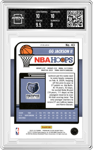 GG Jackson II from the 2023-24 Panini Hoops Premium Stock set featuring a Premium Red Prizm parallel graded by Arena Club and given an overall grade of 9.5.