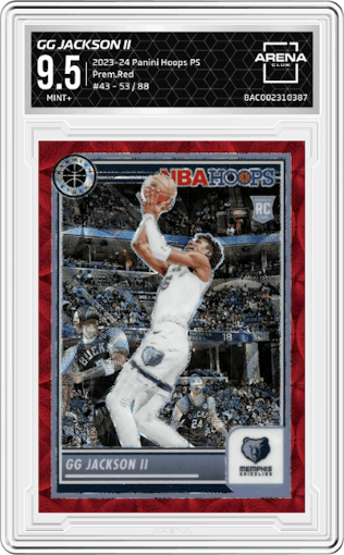 GG Jackson II from the 2023-24 Panini Hoops Premium Stock set featuring a Premium Red Prizm parallel graded by Arena Club and given an overall grade of 9.5.