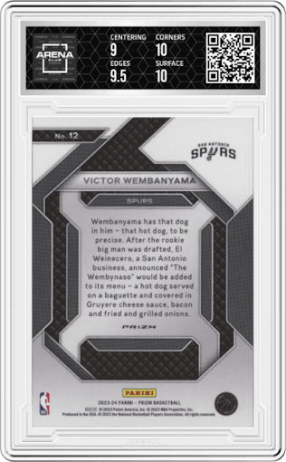 Victor Wembanyama from the 2023-24 Panini Prizm set featuring a Green Prizm parallel graded by Arena Club and given an overall grade of 9.5.