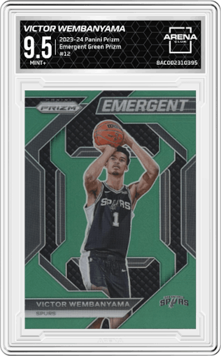 Victor Wembanyama from the 2023-24 Panini Prizm set featuring a Green Prizm parallel graded by Arena Club and given an overall grade of 9.5.